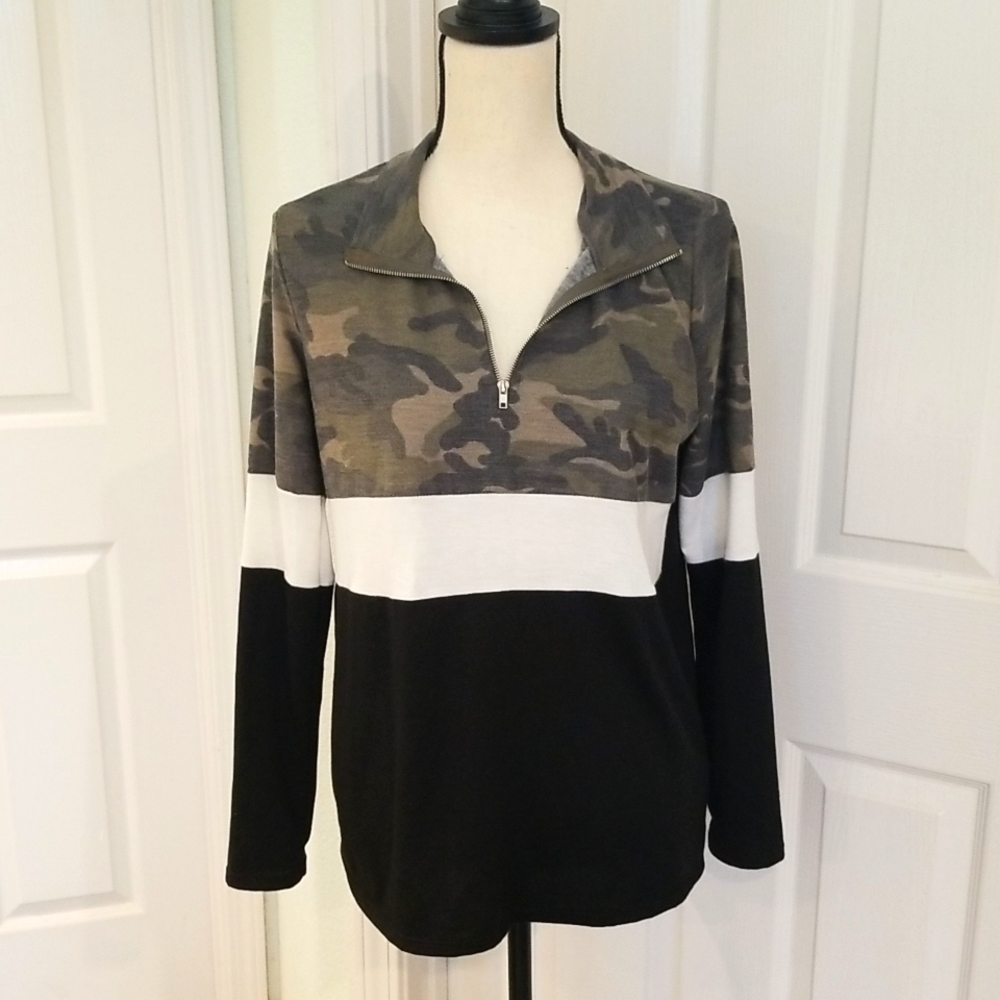Pink Lily Colorblock Camo Quarter Zip Pullover
